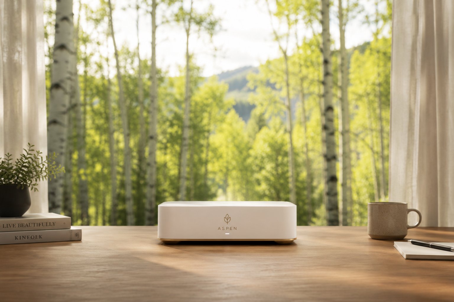 Aspen device on a wooden desk with aspen trees visible through the window