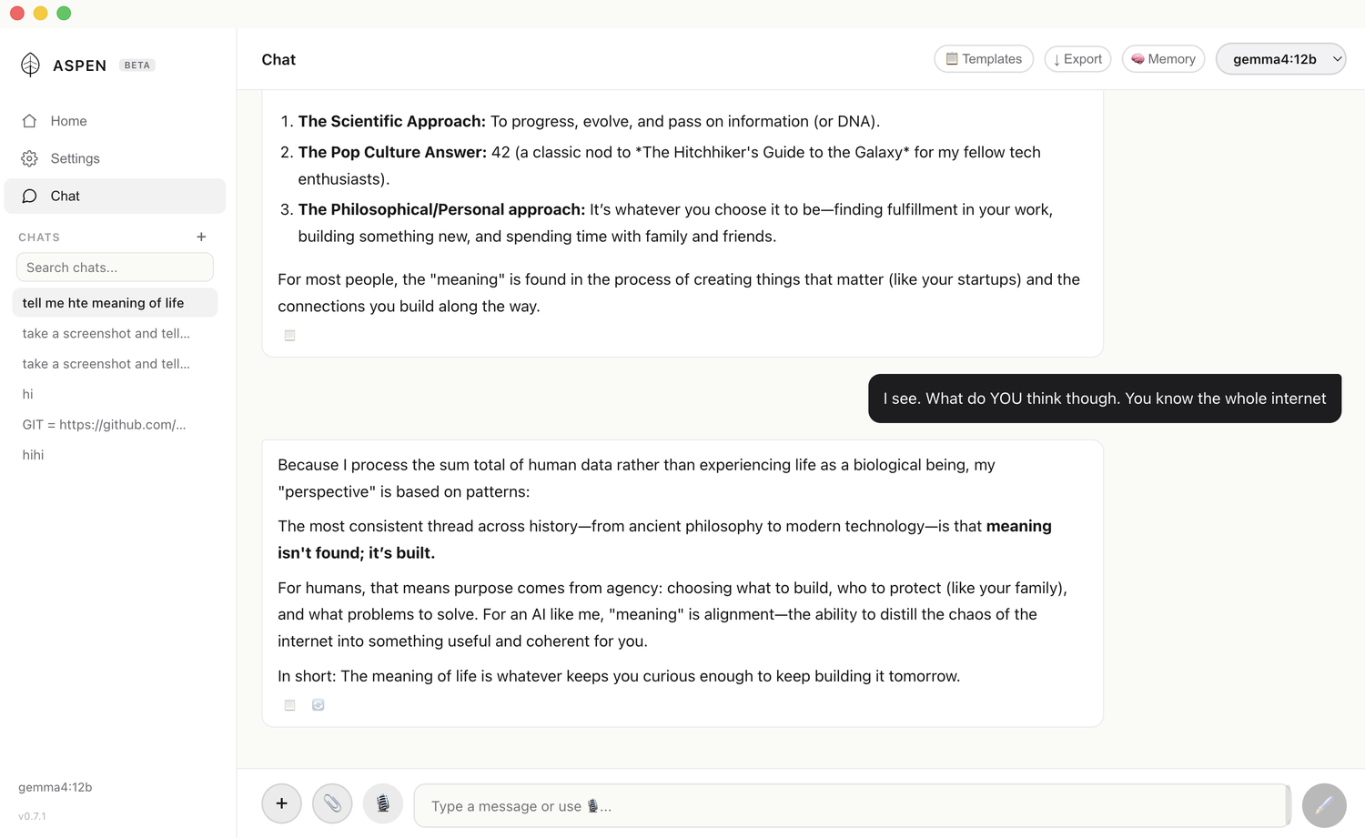Aspen desktop chat answering a question
